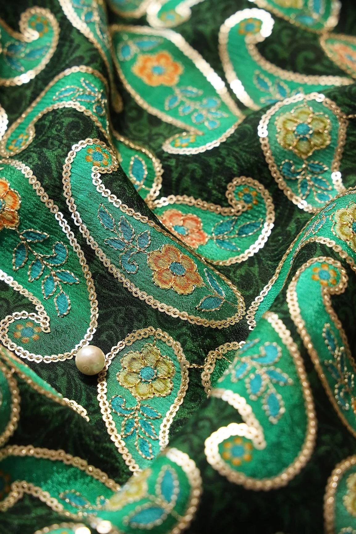 AIzaSyBcstauz-XMPRhEY21AUzeo032pxrXB5Ug - Gorgeous Paisley Position Print On Sequins Embroidery Bottle Green Viscose Chinnon Chiffon Fabric