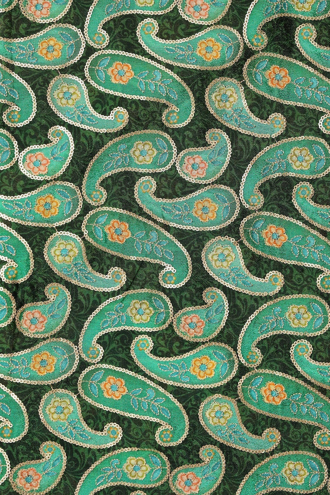 AIzaSyBcstauz-XMPRhEY21AUzeo032pxrXB5Ug - Gorgeous Paisley Position Print On Sequins Embroidery Bottle Green Viscose Chinnon Chiffon Fabric