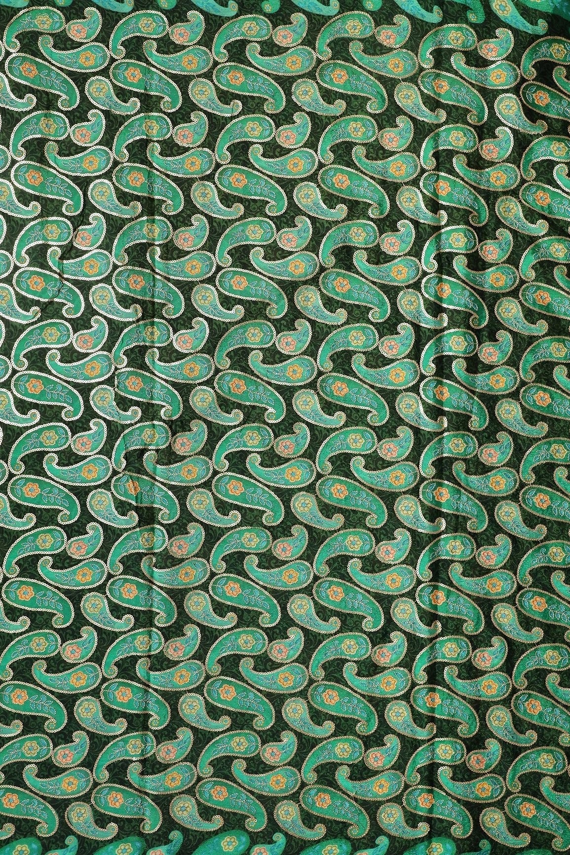 AIzaSyBcstauz-XMPRhEY21AUzeo032pxrXB5Ug - Gorgeous Paisley Position Print On Sequins Embroidery Bottle Green Viscose Chinnon Chiffon Fabric