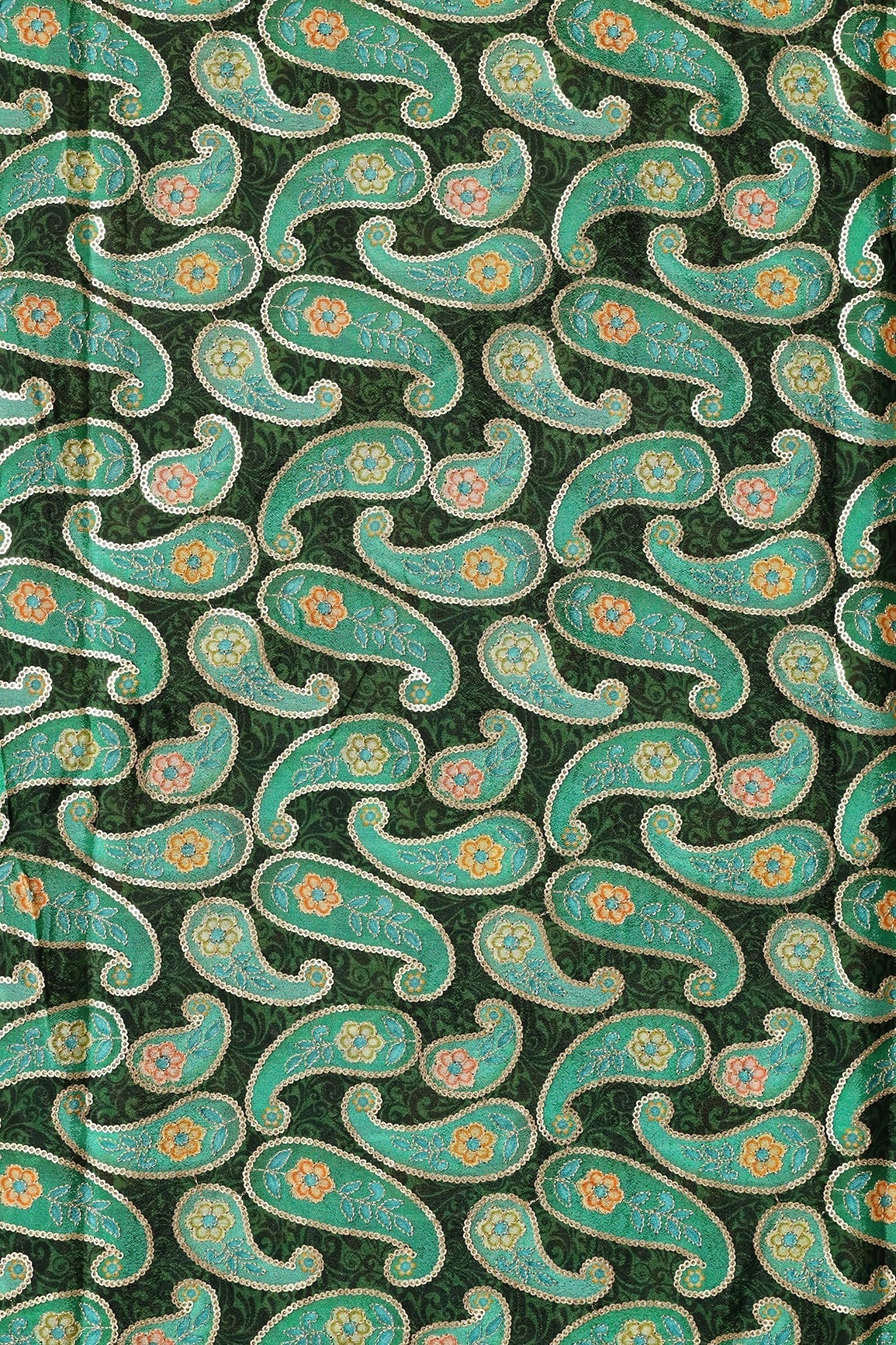 AIzaSyBcstauz-XMPRhEY21AUzeo032pxrXB5Ug - Gorgeous Paisley Position Print On Sequins Embroidery Bottle Green Viscose Chinnon Chiffon Fabric