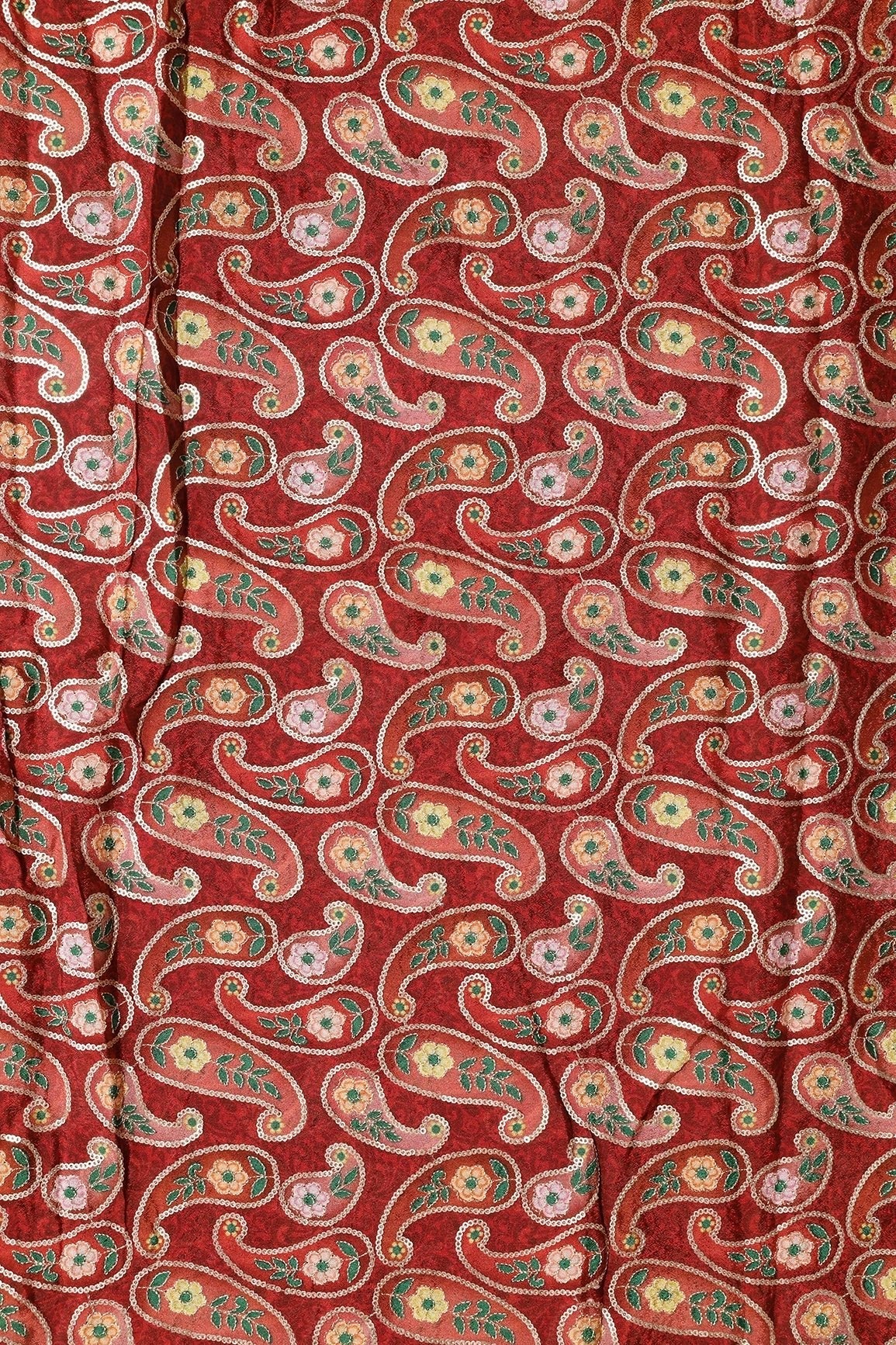 AIzaSyBcstauz-XMPRhEY21AUzeo032pxrXB5Ug - Gorgeous Paisley Position Print On Sequins Embroidery Maroon Viscose Chinnon Chiffon Fabric