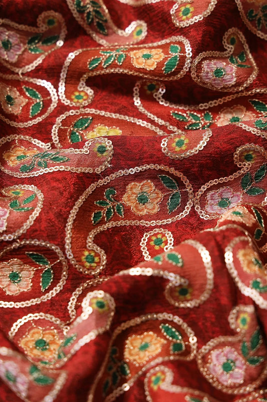 AIzaSyBcstauz-XMPRhEY21AUzeo032pxrXB5Ug - Gorgeous Paisley Position Print On Sequins Embroidery Maroon Viscose Chinnon Chiffon Fabric