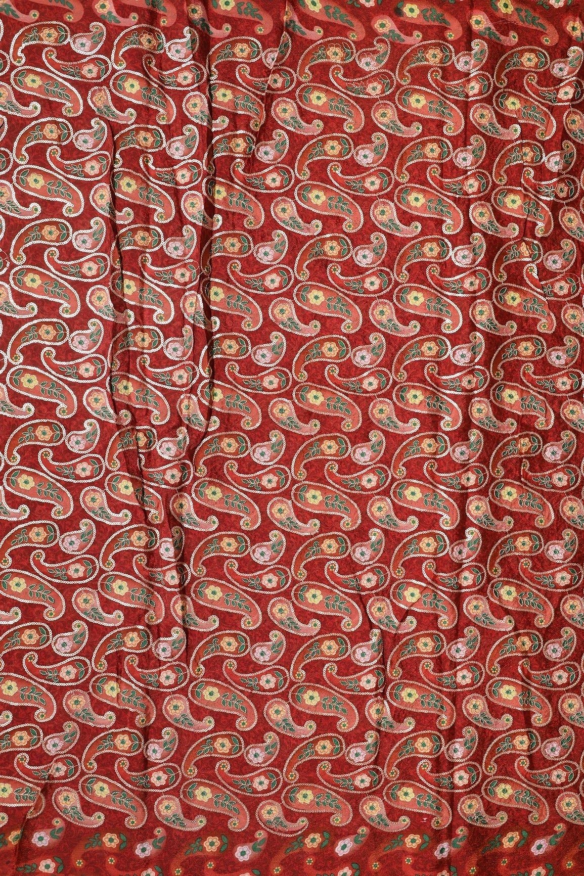 AIzaSyBcstauz-XMPRhEY21AUzeo032pxrXB5Ug - Gorgeous Paisley Position Print On Sequins Embroidery Maroon Viscose Chinnon Chiffon Fabric