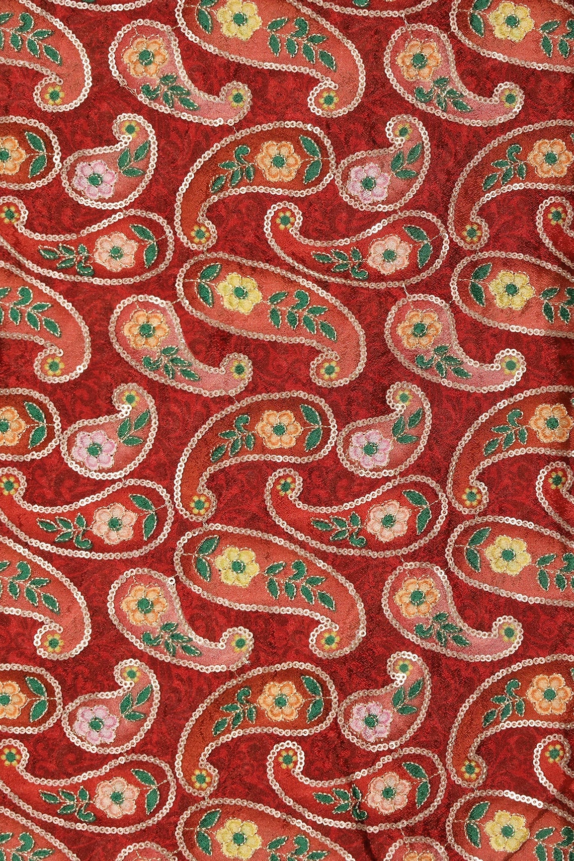 AIzaSyBcstauz-XMPRhEY21AUzeo032pxrXB5Ug - Gorgeous Paisley Position Print On Sequins Embroidery Maroon Viscose Chinnon Chiffon Fabric