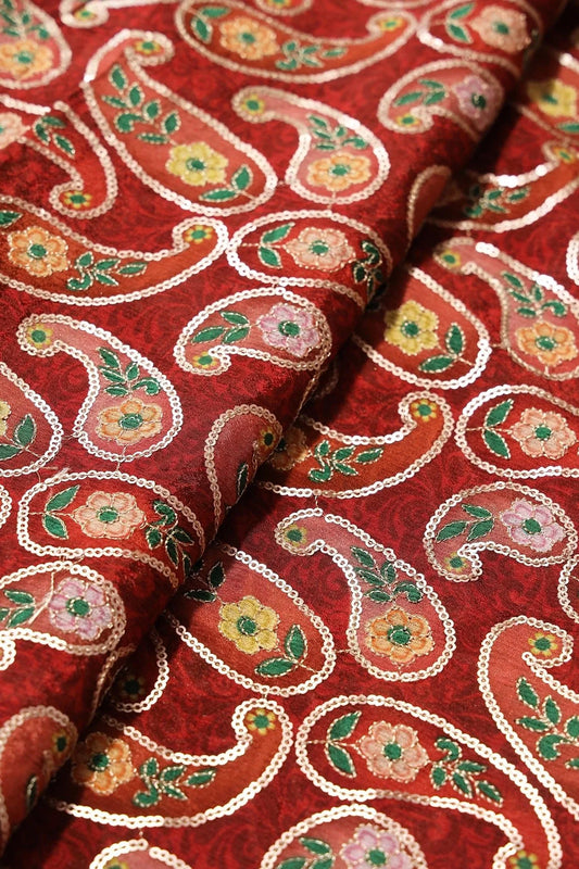 AIzaSyBcstauz-XMPRhEY21AUzeo032pxrXB5Ug - Gorgeous Paisley Position Print On Sequins Embroidery Maroon Viscose Chinnon Chiffon Fabric