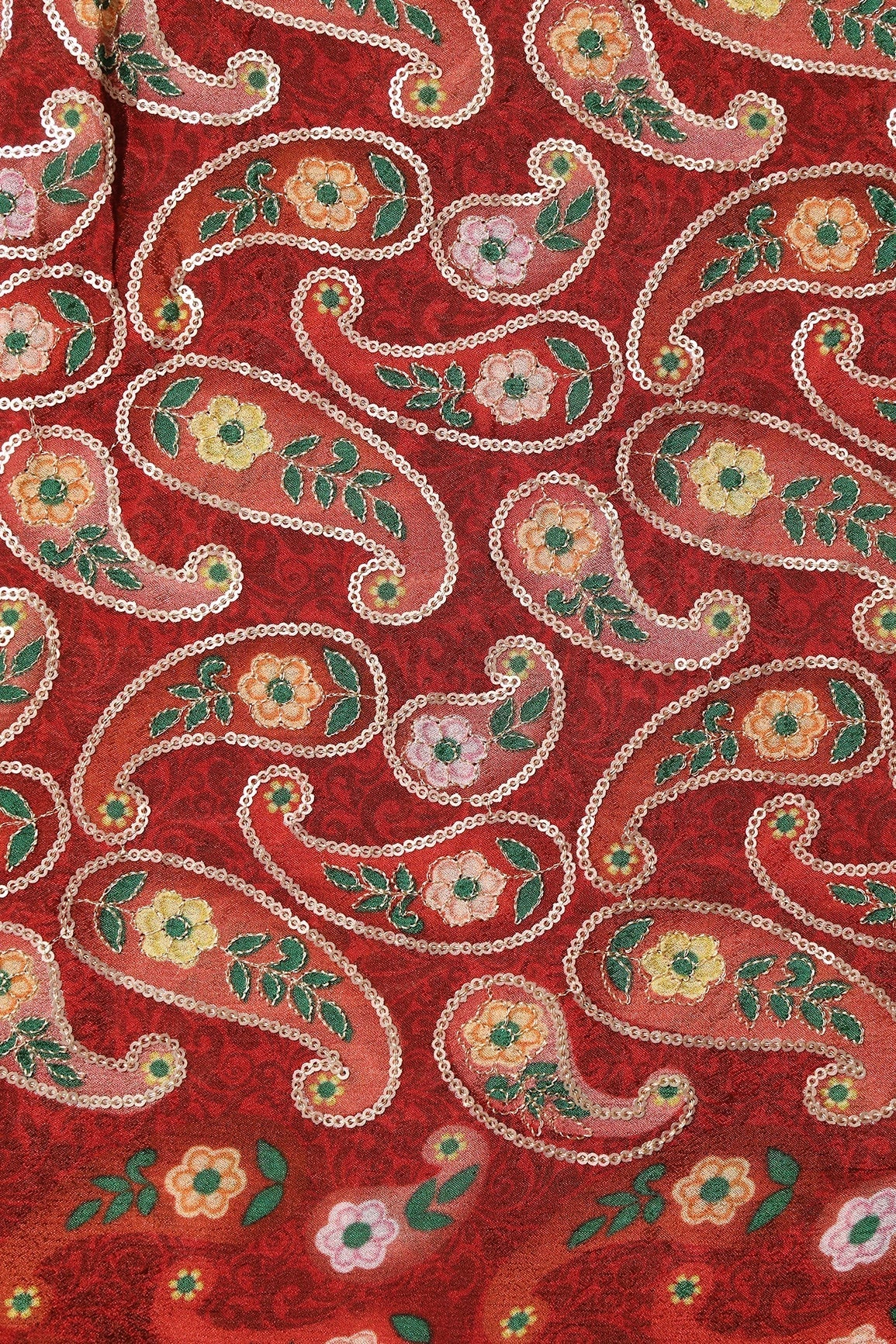 AIzaSyBcstauz-XMPRhEY21AUzeo032pxrXB5Ug - Gorgeous Paisley Position Print On Sequins Embroidery Maroon Viscose Chinnon Chiffon Fabric