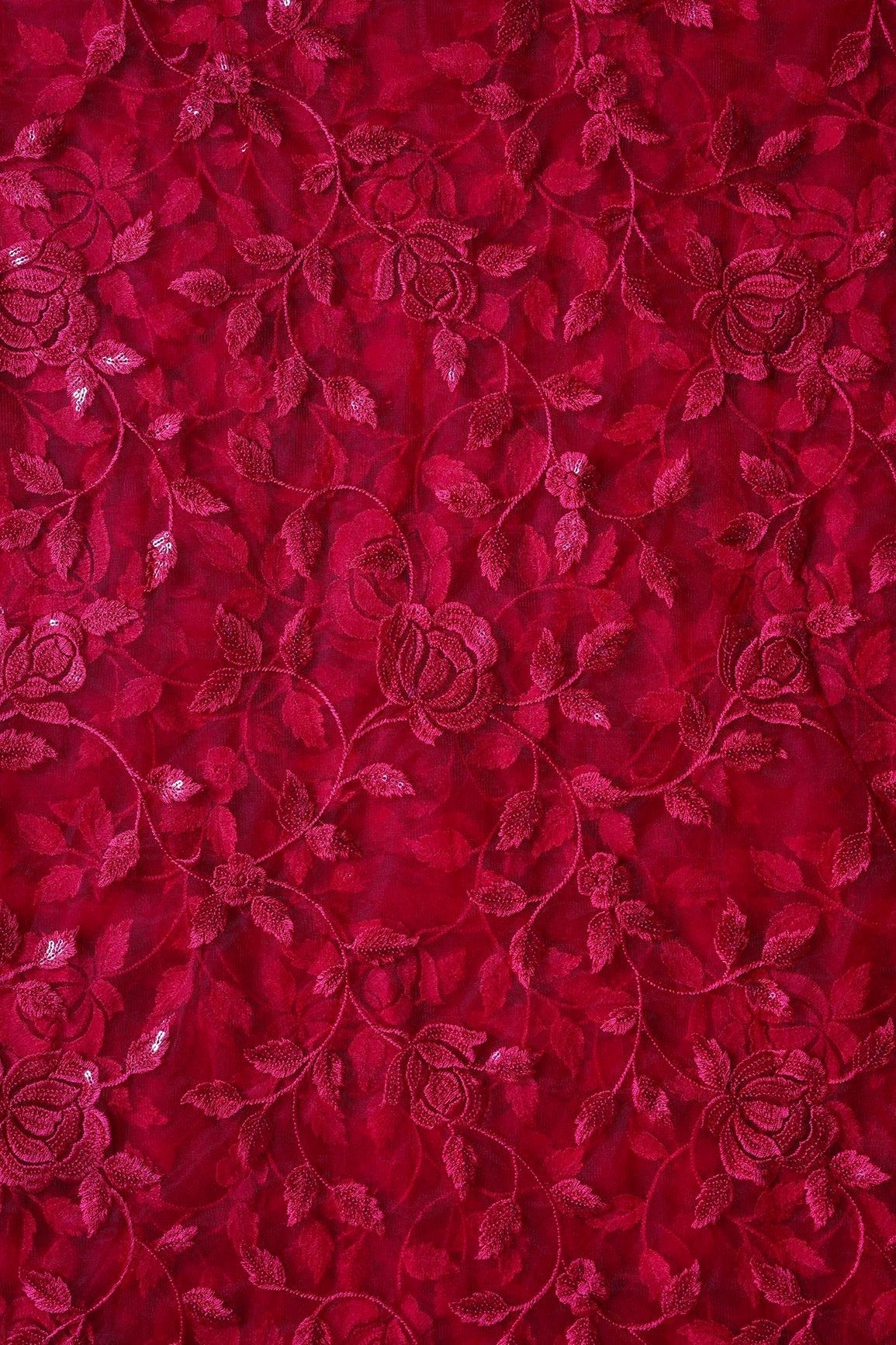 AIzaSyBcstauz-XMPRhEY21AUzeo032pxrXB5Ug - Gorgeous Red Thread With Sequins Floral Leafy Embroidery On Cherry Red Soft Net Fabric