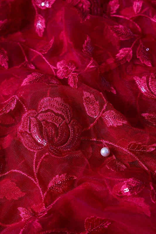 AIzaSyBcstauz-XMPRhEY21AUzeo032pxrXB5Ug - Gorgeous Red Thread With Sequins Floral Leafy Embroidery On Cherry Red Soft Net Fabric