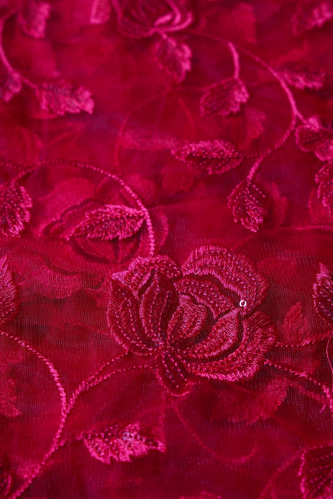 AIzaSyBcstauz-XMPRhEY21AUzeo032pxrXB5Ug - Gorgeous Red Thread With Sequins Floral Leafy Embroidery On Cherry Red Soft Net Fabric