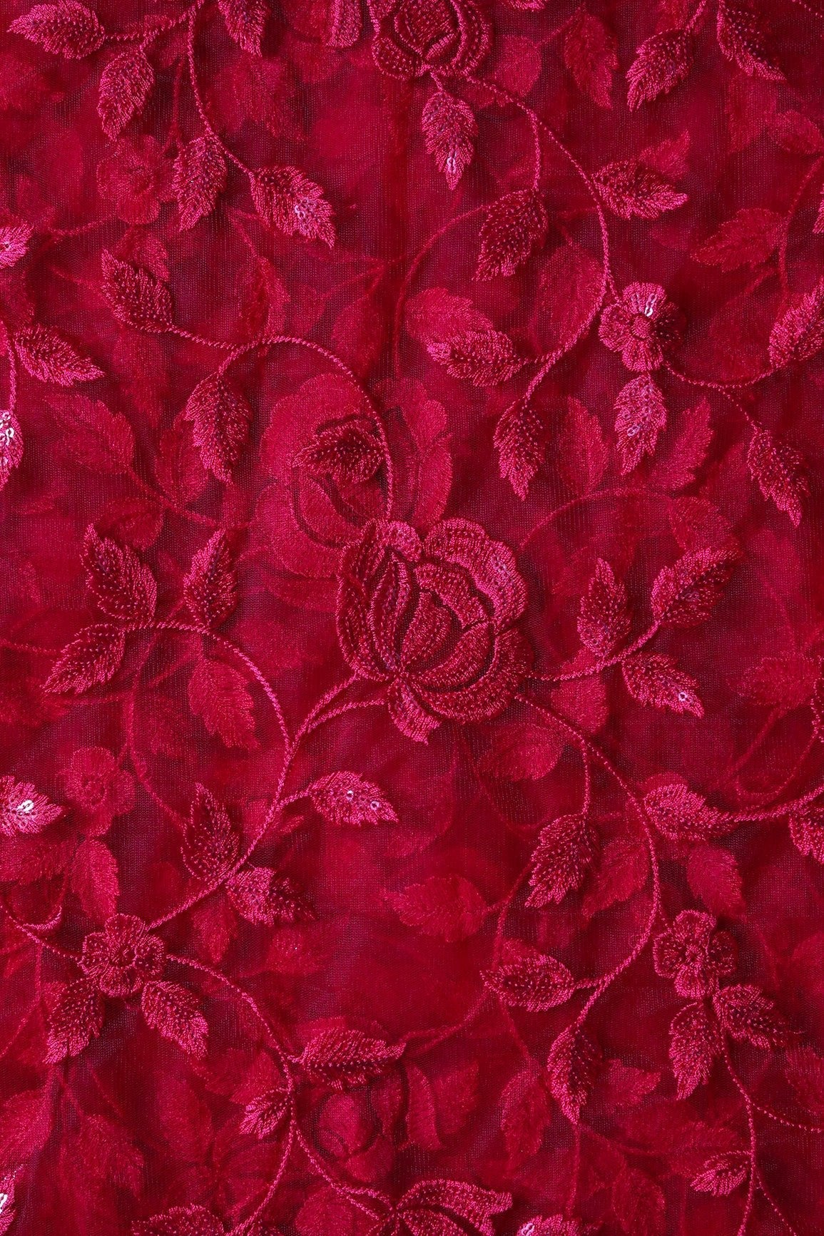 AIzaSyBcstauz-XMPRhEY21AUzeo032pxrXB5Ug - Gorgeous Red Thread With Sequins Floral Leafy Embroidery On Cherry Red Soft Net Fabric