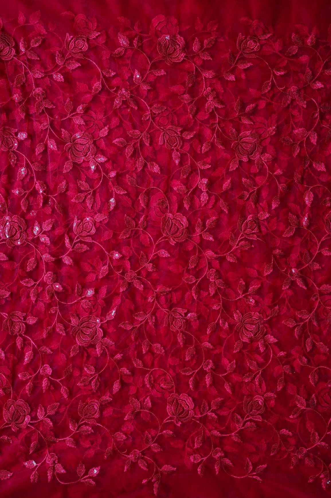 AIzaSyBcstauz-XMPRhEY21AUzeo032pxrXB5Ug - Gorgeous Red Thread With Sequins Floral Leafy Embroidery On Cherry Red Soft Net Fabric