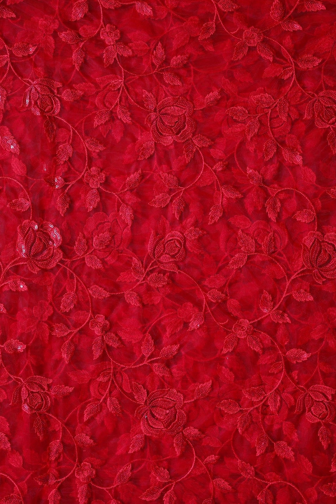 AIzaSyBcstauz-XMPRhEY21AUzeo032pxrXB5Ug - Gorgeous Red Thread With Sequins Floral Leafy Embroidery On Red Soft Net Fabric