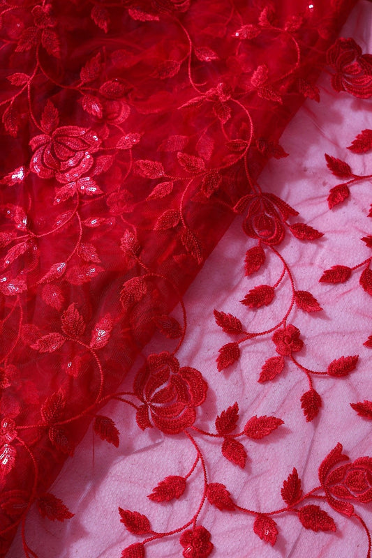 AIzaSyBcstauz-XMPRhEY21AUzeo032pxrXB5Ug - Gorgeous Red Thread With Sequins Floral Leafy Embroidery On Red Soft Net Fabric