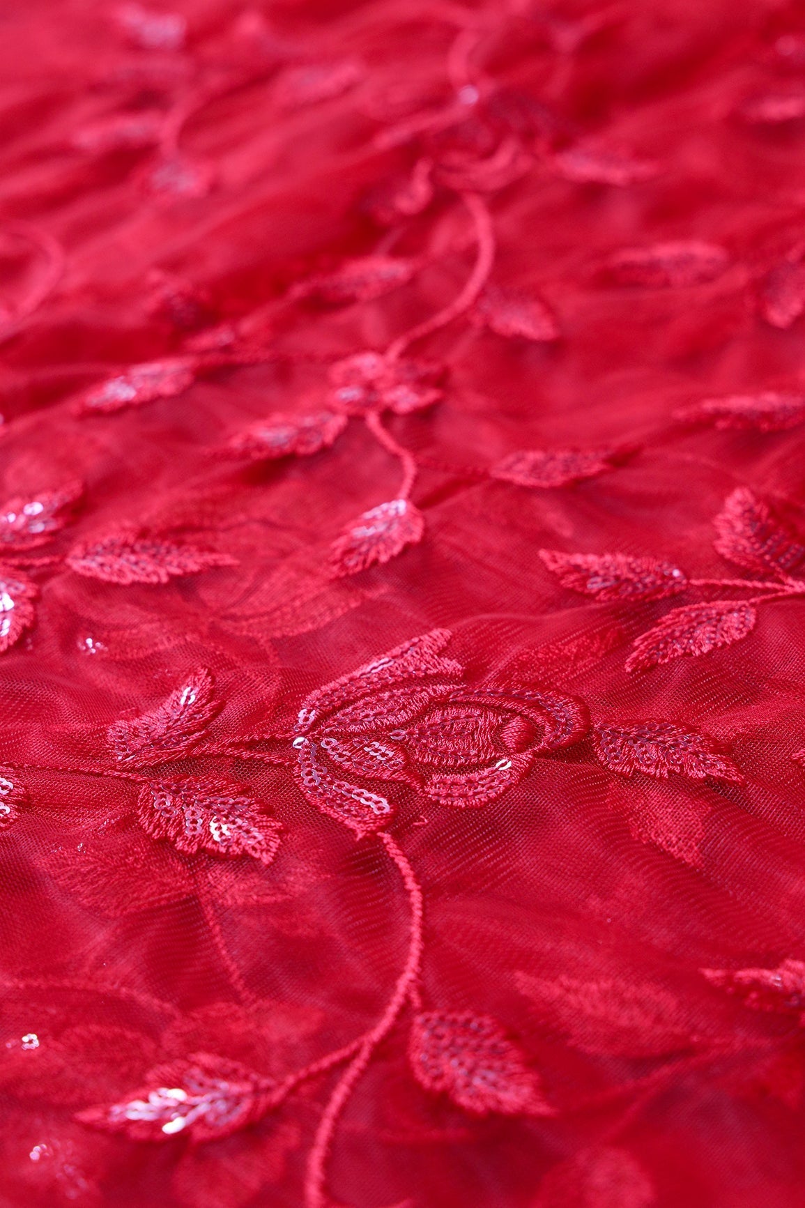 AIzaSyBcstauz-XMPRhEY21AUzeo032pxrXB5Ug - Gorgeous Red Thread With Sequins Floral Leafy Embroidery On Red Soft Net Fabric