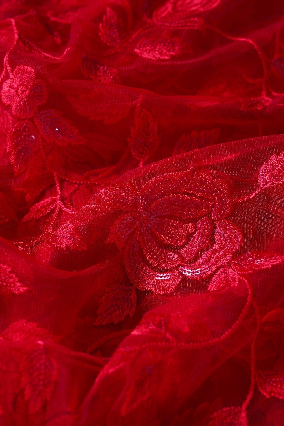 AIzaSyBcstauz-XMPRhEY21AUzeo032pxrXB5Ug - Gorgeous Red Thread With Sequins Floral Leafy Embroidery On Red Soft Net Fabric