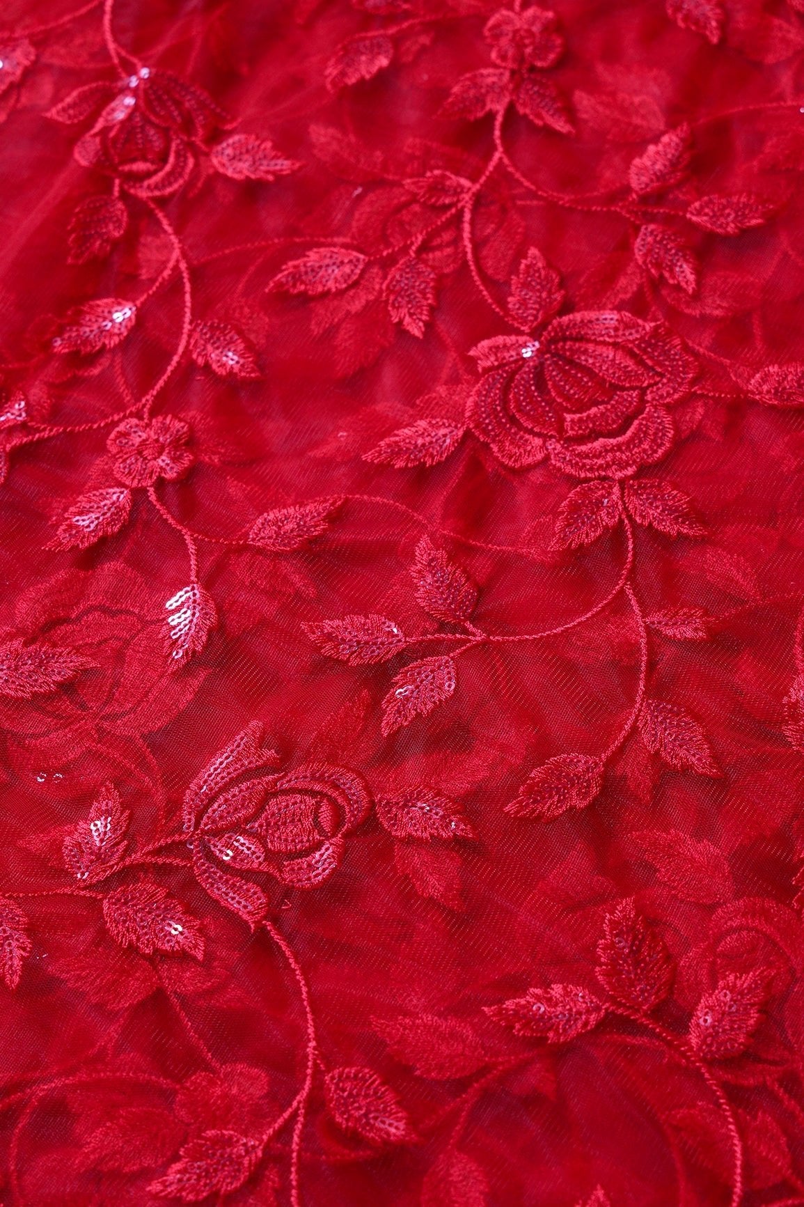 AIzaSyBcstauz-XMPRhEY21AUzeo032pxrXB5Ug - Gorgeous Red Thread With Sequins Floral Leafy Embroidery On Red Soft Net Fabric