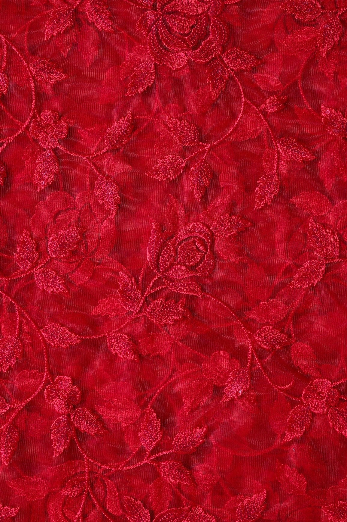 AIzaSyBcstauz-XMPRhEY21AUzeo032pxrXB5Ug - Gorgeous Red Thread With Sequins Floral Leafy Embroidery On Red Soft Net Fabric
