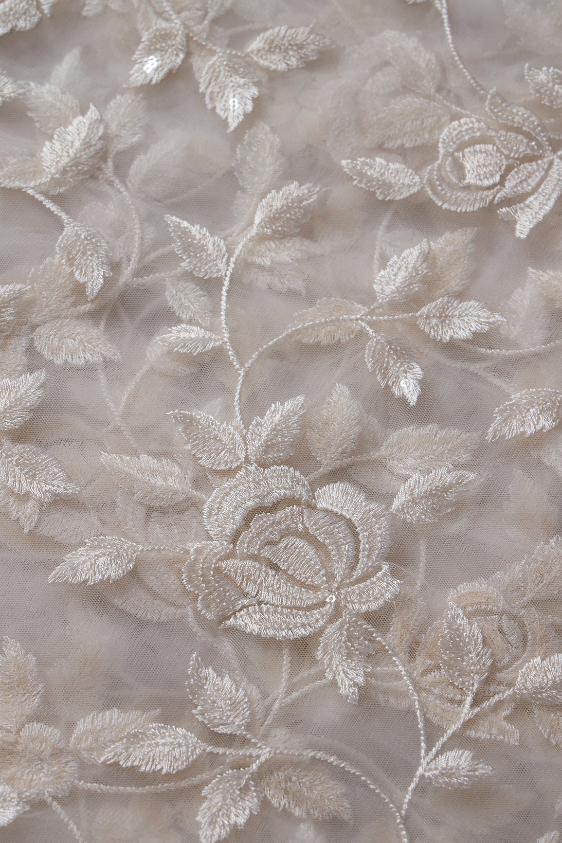 AIzaSyBcstauz-XMPRhEY21AUzeo032pxrXB5Ug - Gorgeous White Thread With Sequins Floral Leafy Embroidery On Dyeable White Soft Net Fabric