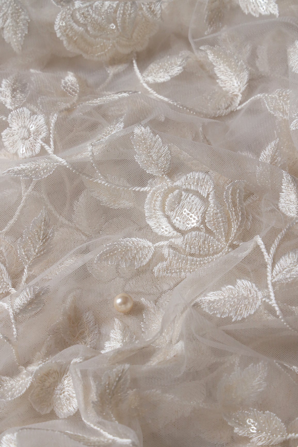 AIzaSyBcstauz-XMPRhEY21AUzeo032pxrXB5Ug - Gorgeous White Thread With Sequins Floral Leafy Embroidery On Dyeable White Soft Net Fabric