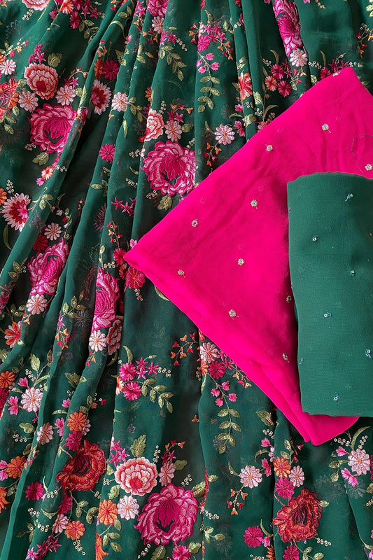 AIzaSyBcstauz-XMPRhEY21AUzeo032pxrXB5Ug - Green And Fuchsia Unstitched Lehenga Set Fabric (3 Piece)