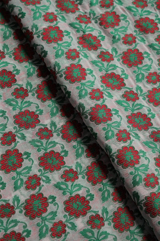 AIzaSyBcstauz-XMPRhEY21AUzeo032pxrXB5Ug - Green And Red Floral Pure Kashmiri Silk Gold Zari Dyeable Banarasi Jacquard Fabric