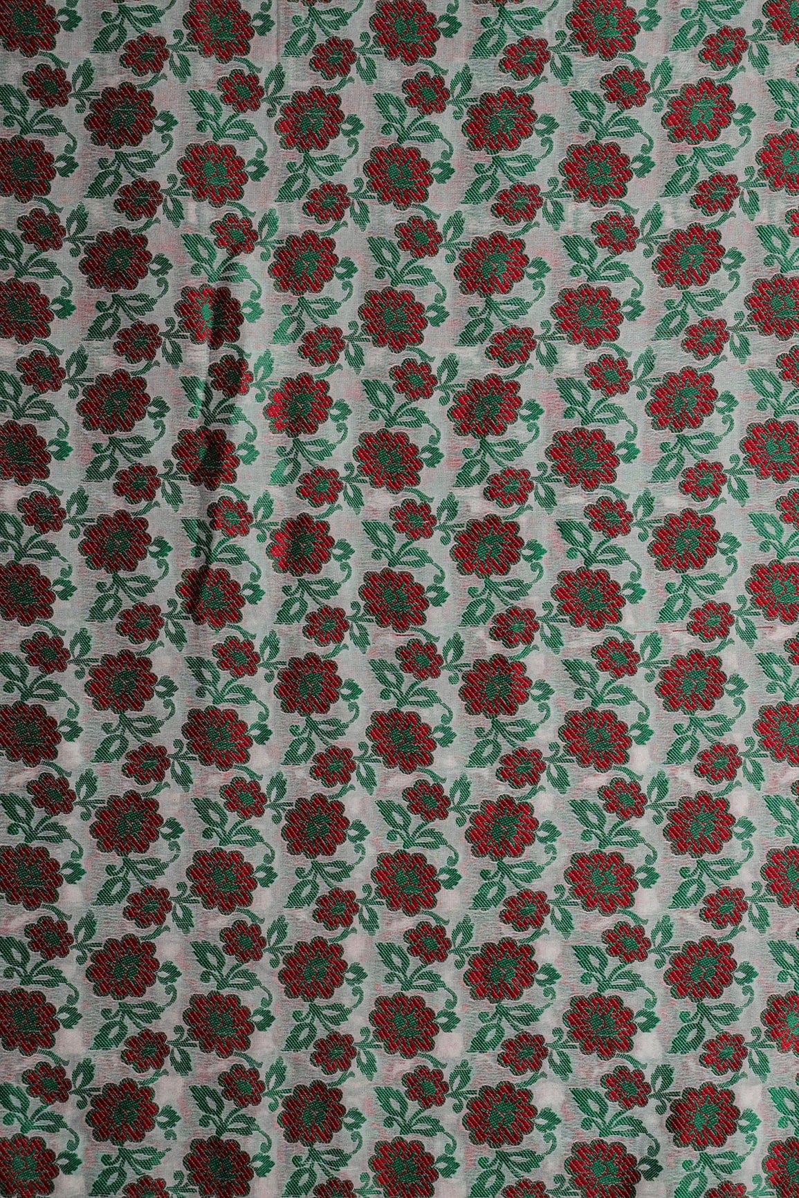 AIzaSyBcstauz-XMPRhEY21AUzeo032pxrXB5Ug - Green And Red Floral Pure Kashmiri Silk Gold Zari Dyeable Banarasi Jacquard Fabric