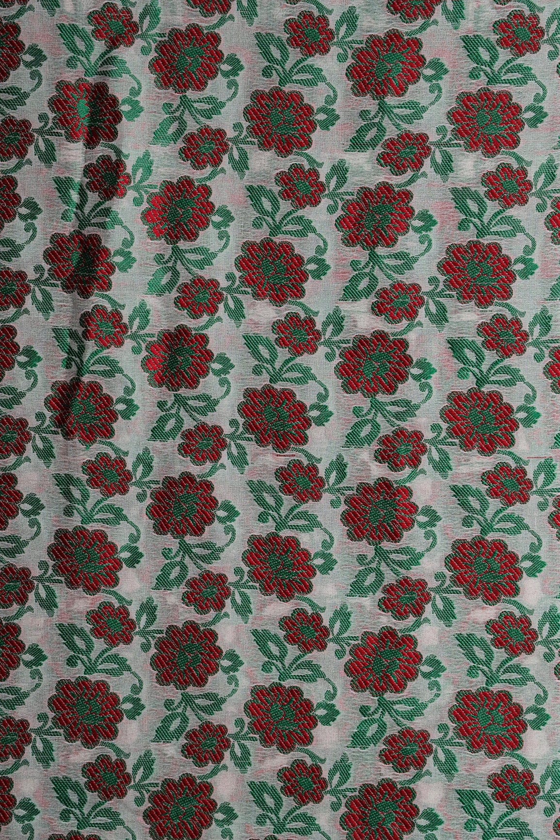 AIzaSyBcstauz-XMPRhEY21AUzeo032pxrXB5Ug - Green And Red Floral Pure Kashmiri Silk Gold Zari Dyeable Banarasi Jacquard Fabric