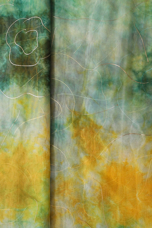 AIzaSyBcstauz-XMPRhEY21AUzeo032pxrXB5Ug - Green And Yellow Tie & Dye Shibori Foil Print On Organza Fabric