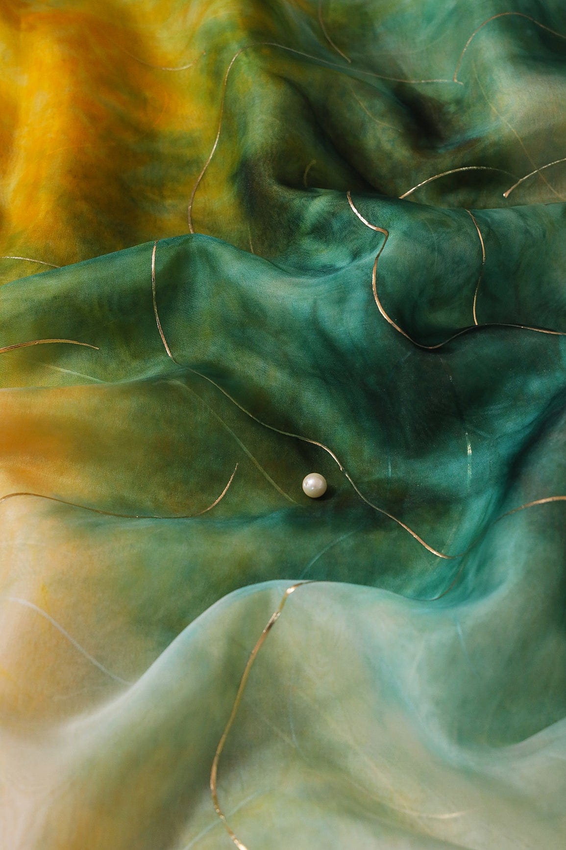 AIzaSyBcstauz-XMPRhEY21AUzeo032pxrXB5Ug - Green And Yellow Tie & Dye Shibori Foil Print On Organza Fabric