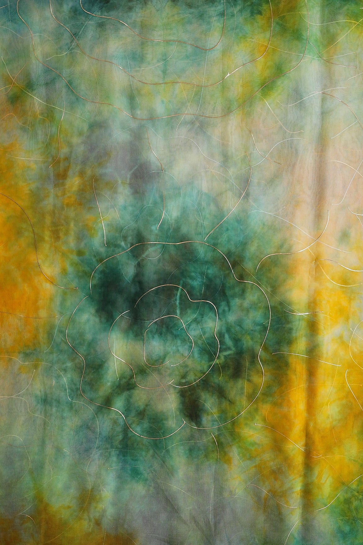AIzaSyBcstauz-XMPRhEY21AUzeo032pxrXB5Ug - Green And Yellow Tie & Dye Shibori Foil Print On Organza Fabric