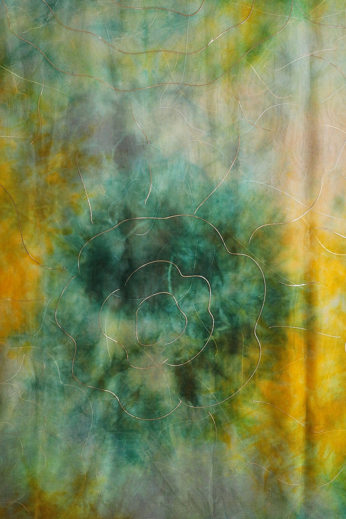 AIzaSyBcstauz-XMPRhEY21AUzeo032pxrXB5Ug - Green And Yellow Tie & Dye Shibori Foil Print On Organza Fabric