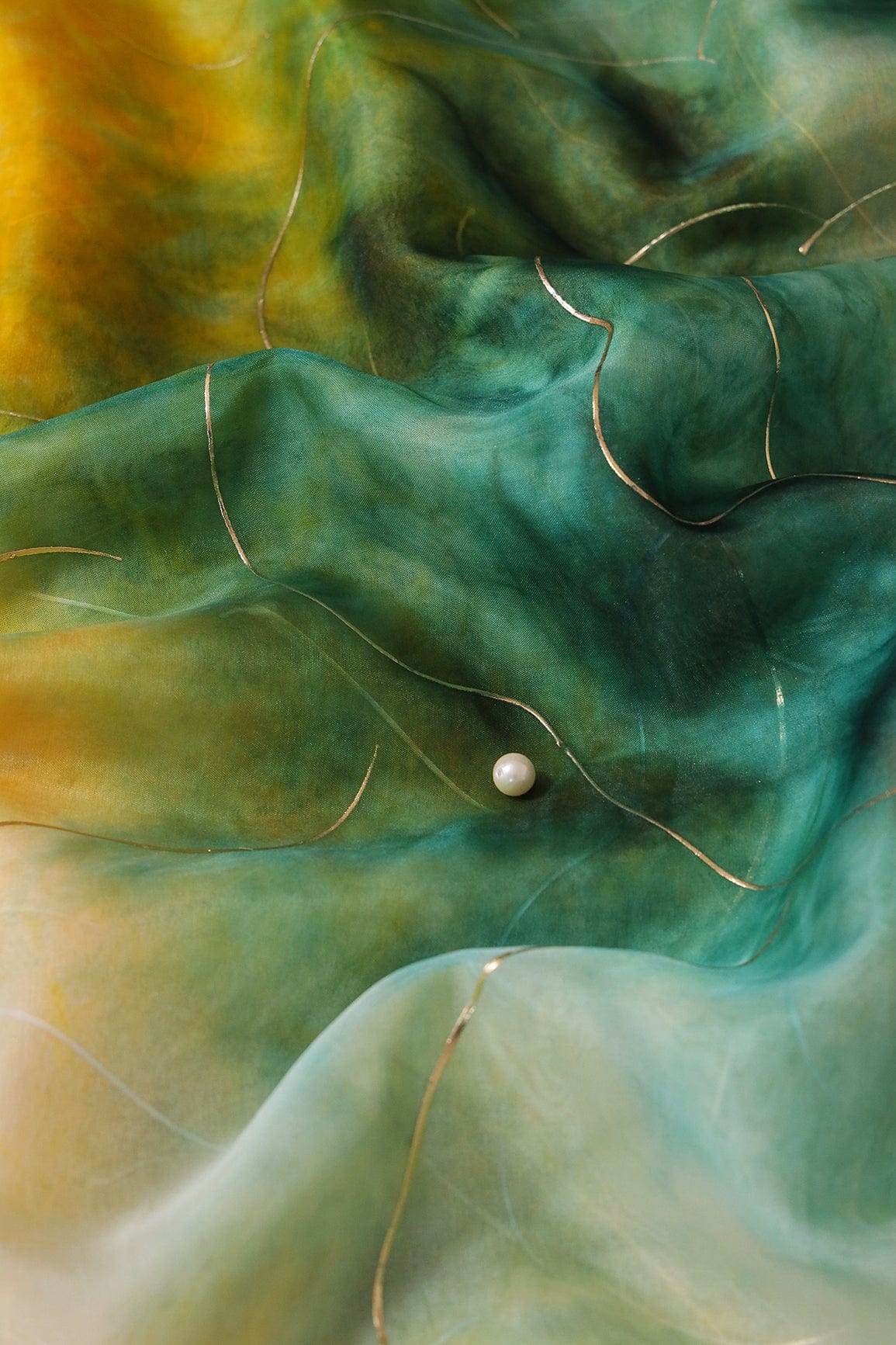 AIzaSyBcstauz-XMPRhEY21AUzeo032pxrXB5Ug - Green And Yellow Tie & Dye Shibori Foil Print On Organza Fabric