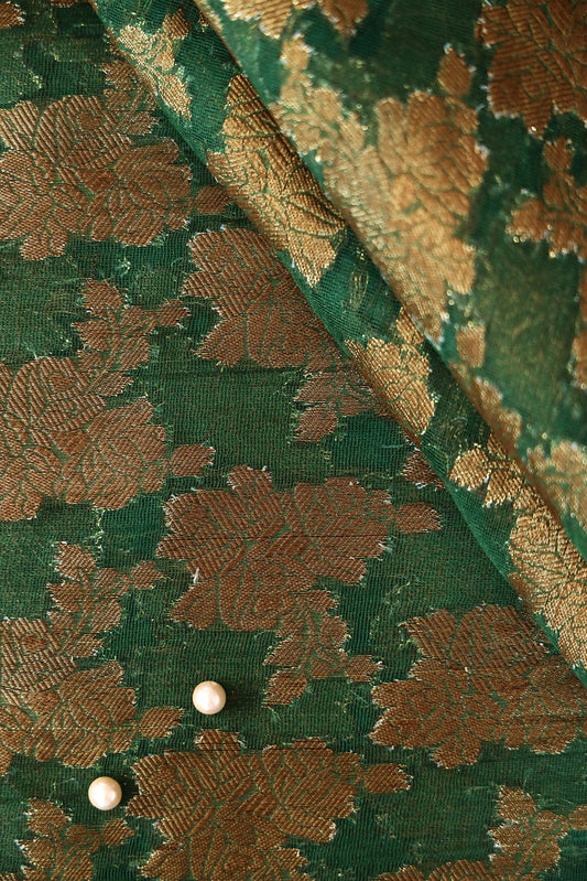 AIzaSyBcstauz-XMPRhEY21AUzeo032pxrXB5Ug - Green Floral Pure Net Gold Zari Banarasi Jacquard Fabric