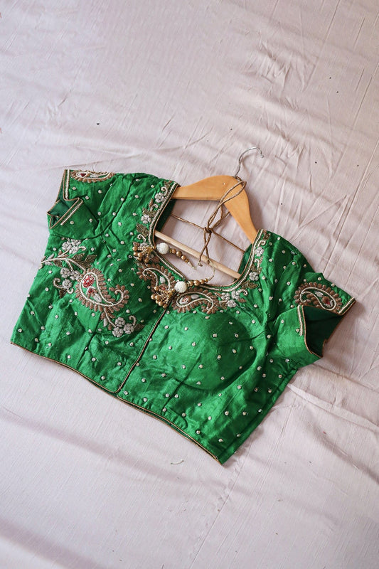 AIzaSyBcstauz-XMPRhEY21AUzeo032pxrXB5Ug - Green Hand Work Emboidery Raw Silk Stitched Blouse