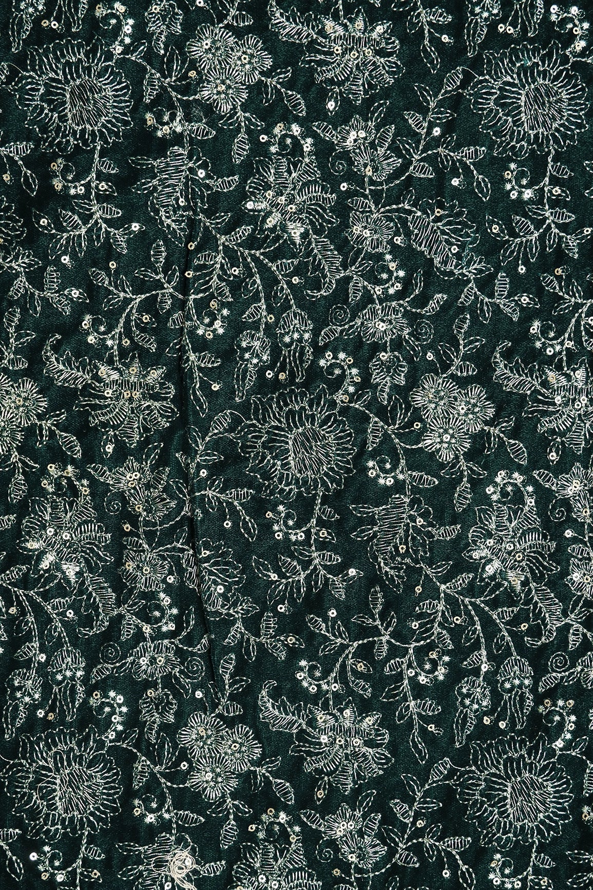 AIzaSyBcstauz-XMPRhEY21AUzeo032pxrXB5Ug - Green Thread With Gold Sequins Floral Embroidery Work On Bottle Green Velvet Fabric