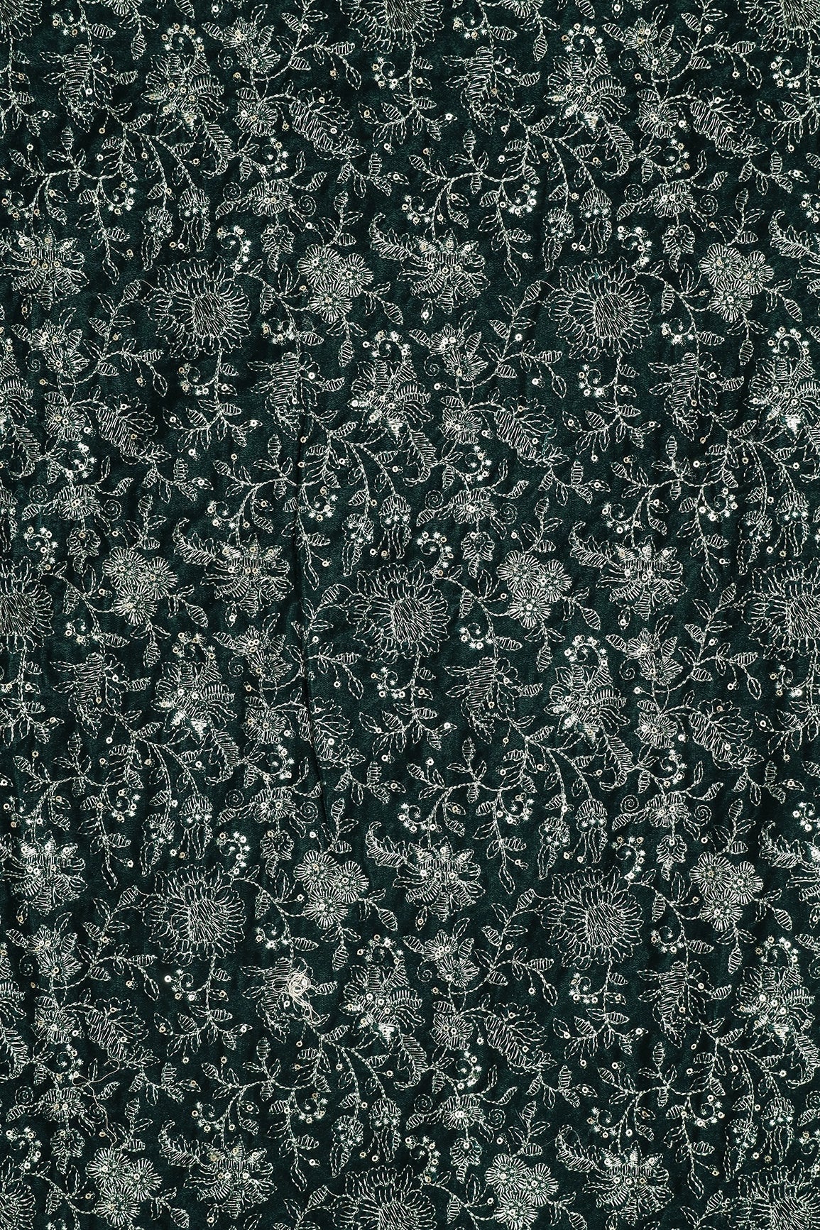 AIzaSyBcstauz-XMPRhEY21AUzeo032pxrXB5Ug - Green Thread With Gold Sequins Floral Embroidery Work On Bottle Green Velvet Fabric