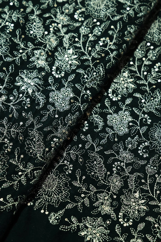 AIzaSyBcstauz-XMPRhEY21AUzeo032pxrXB5Ug - Green Thread With Gold Sequins Floral Embroidery Work On Bottle Green Velvet Fabric
