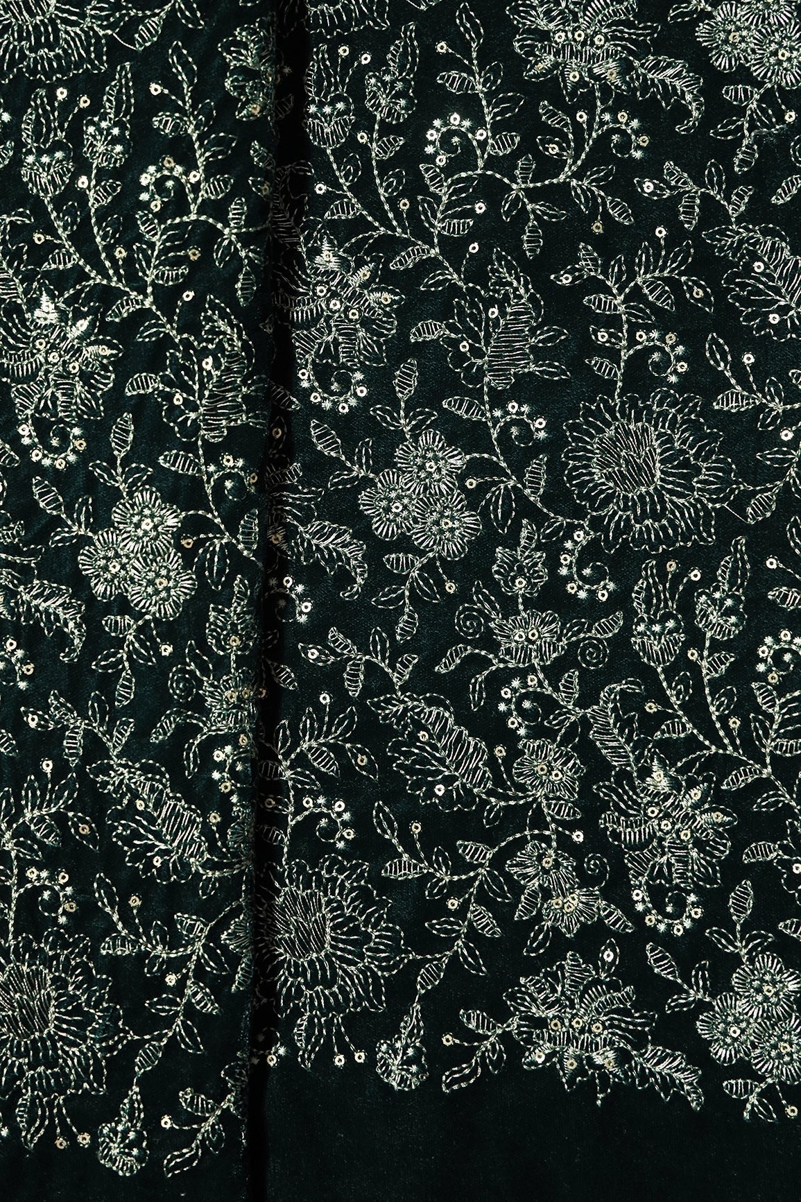 AIzaSyBcstauz-XMPRhEY21AUzeo032pxrXB5Ug - Green Thread With Gold Sequins Floral Embroidery Work On Bottle Green Velvet Fabric