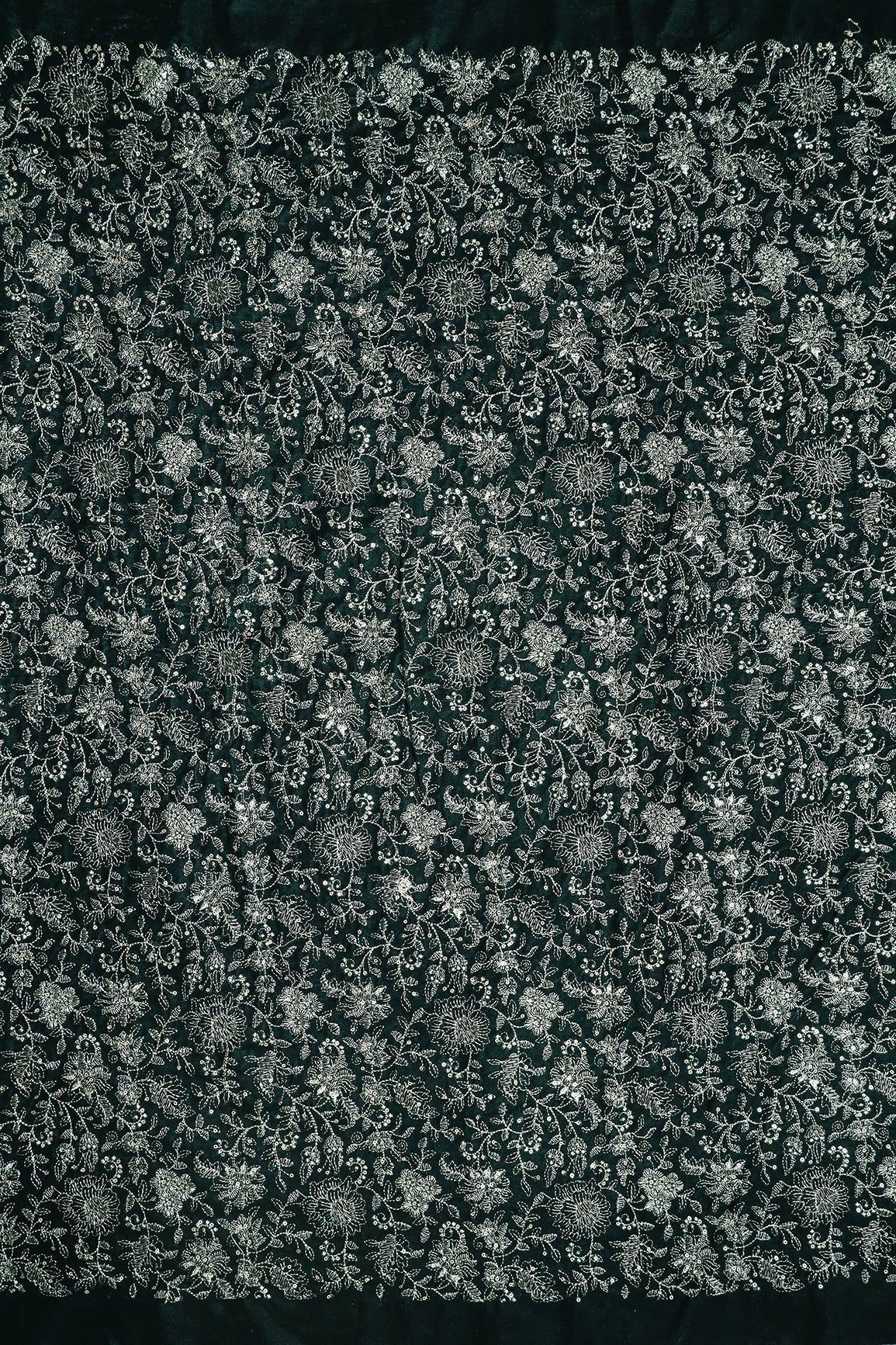 AIzaSyBcstauz-XMPRhEY21AUzeo032pxrXB5Ug - Green Thread With Gold Sequins Floral Embroidery Work On Bottle Green Velvet Fabric