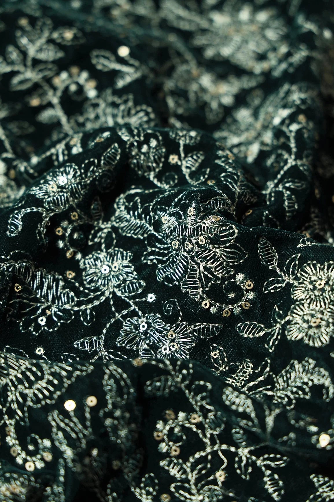 AIzaSyBcstauz-XMPRhEY21AUzeo032pxrXB5Ug - Green Thread With Gold Sequins Floral Embroidery Work On Bottle Green Velvet Fabric