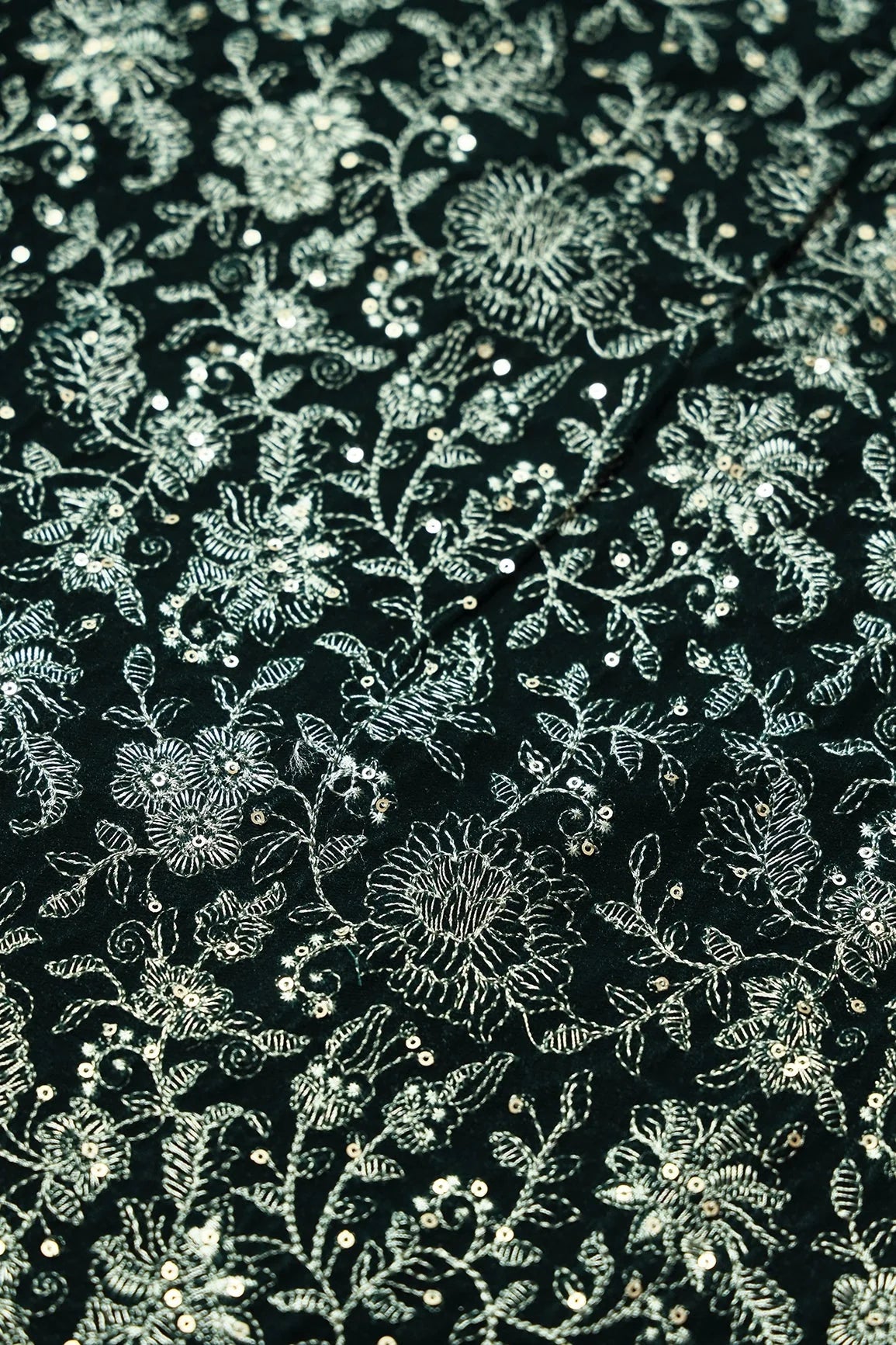 AIzaSyBcstauz-XMPRhEY21AUzeo032pxrXB5Ug - Green Thread With Gold Sequins Floral Embroidery Work On Bottle Green Velvet Fabric