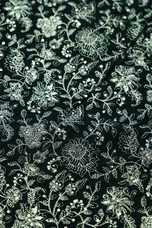 AIzaSyBcstauz-XMPRhEY21AUzeo032pxrXB5Ug - Green Thread With Gold Sequins Floral Embroidery Work On Bottle Green Velvet Fabric