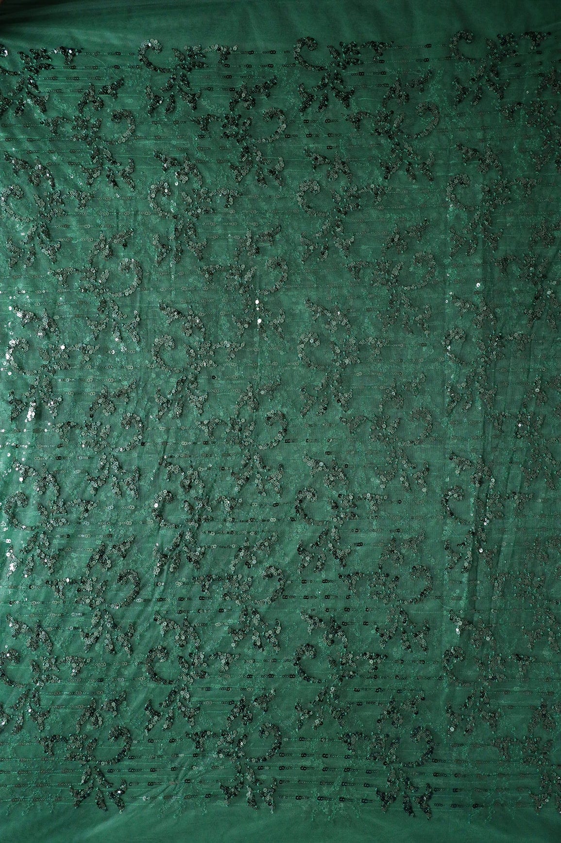 AIzaSyBcstauz-XMPRhEY21AUzeo032pxrXB5Ug - Green Thread With Sequins Abstract Embroidery Work On Bottle Green Soft Net Fabric