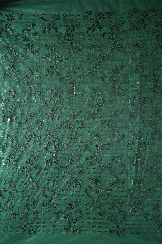 AIzaSyBcstauz-XMPRhEY21AUzeo032pxrXB5Ug - Green Thread With Sequins Abstract Embroidery Work On Bottle Green Soft Net Fabric