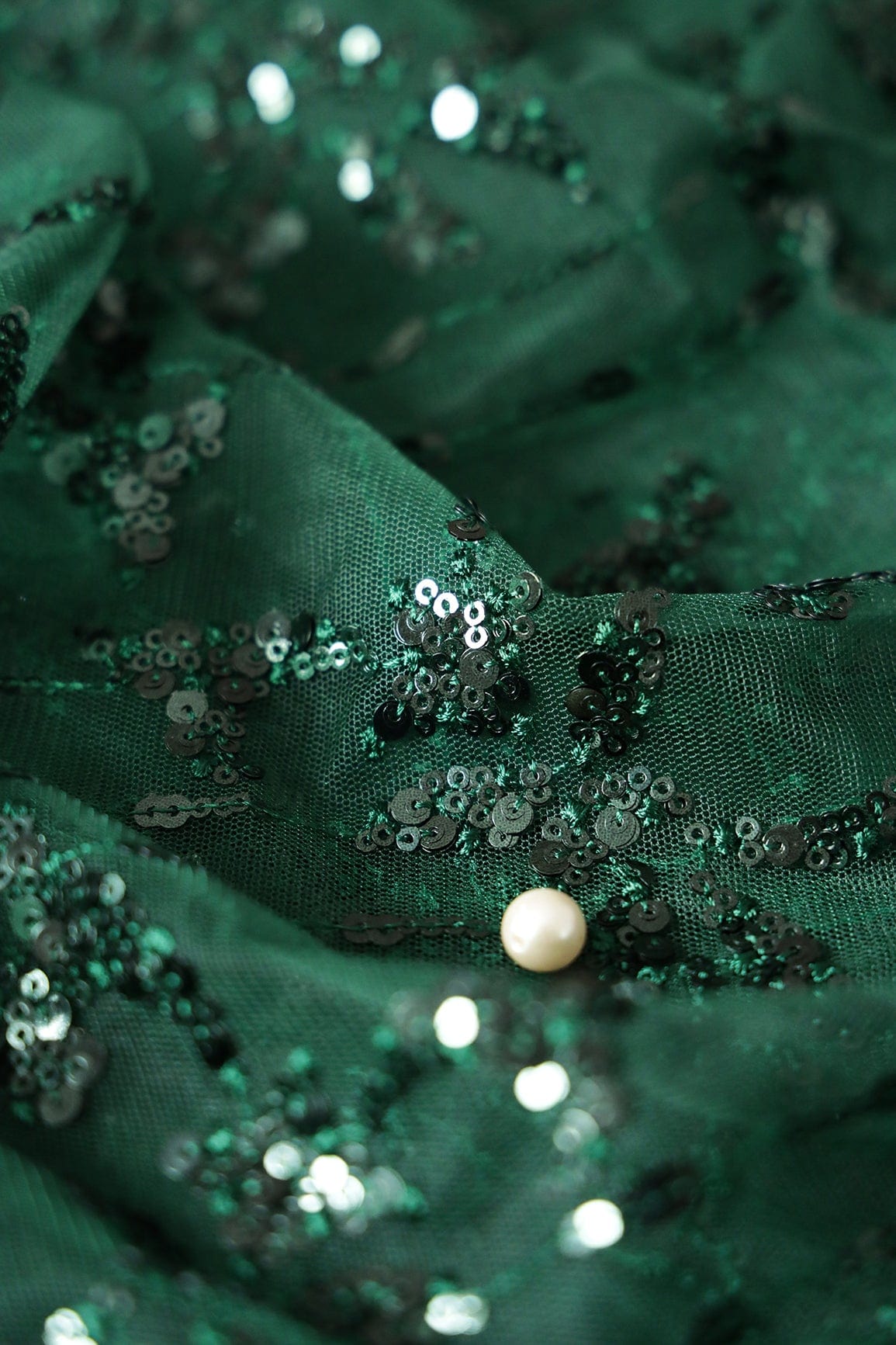 AIzaSyBcstauz-XMPRhEY21AUzeo032pxrXB5Ug - Green Thread With Sequins Abstract Embroidery Work On Bottle Green Soft Net Fabric