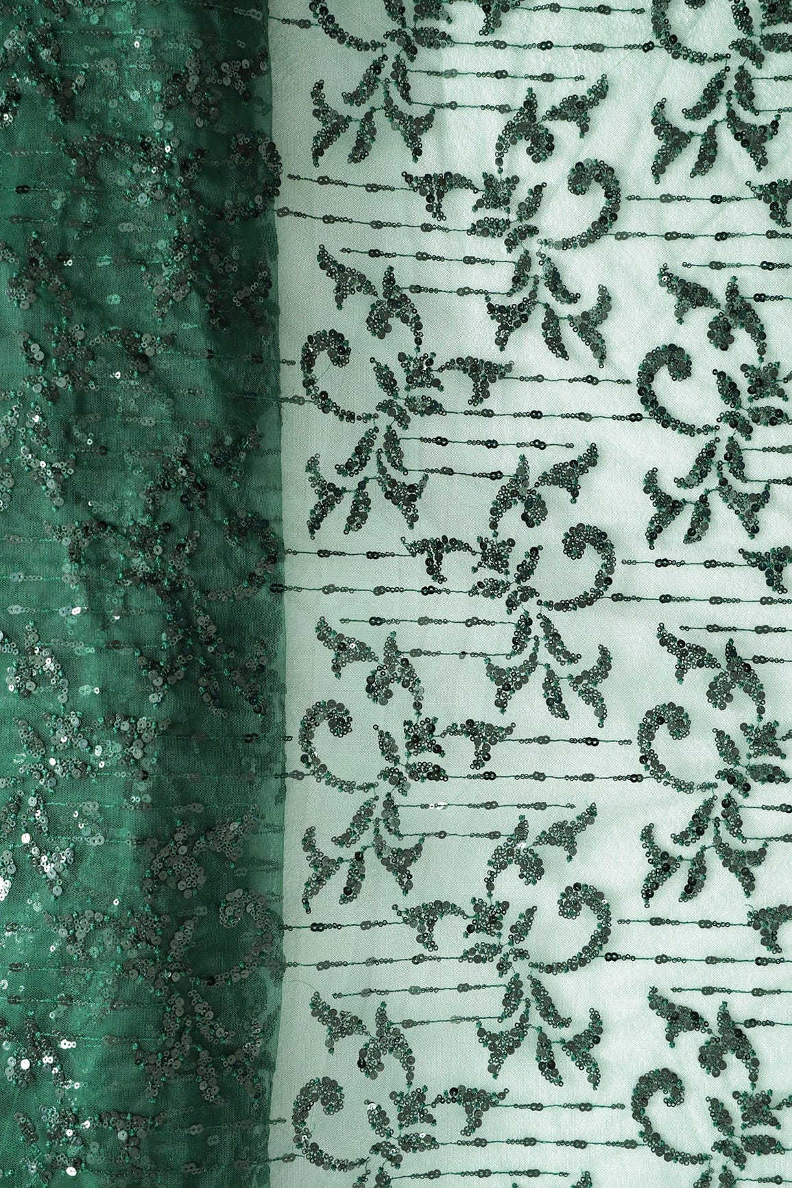 AIzaSyBcstauz-XMPRhEY21AUzeo032pxrXB5Ug - Green Thread With Sequins Abstract Embroidery Work On Bottle Green Soft Net Fabric