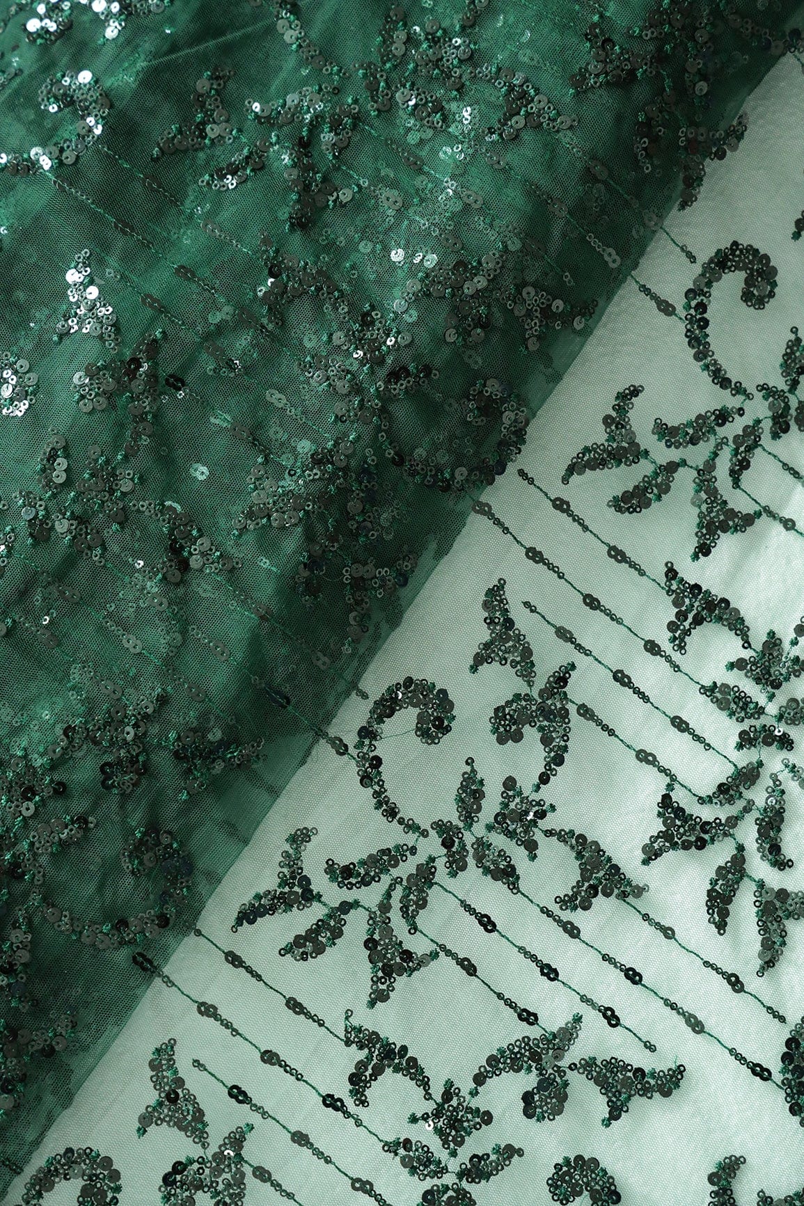 AIzaSyBcstauz-XMPRhEY21AUzeo032pxrXB5Ug - Green Thread With Sequins Abstract Embroidery Work On Bottle Green Soft Net Fabric