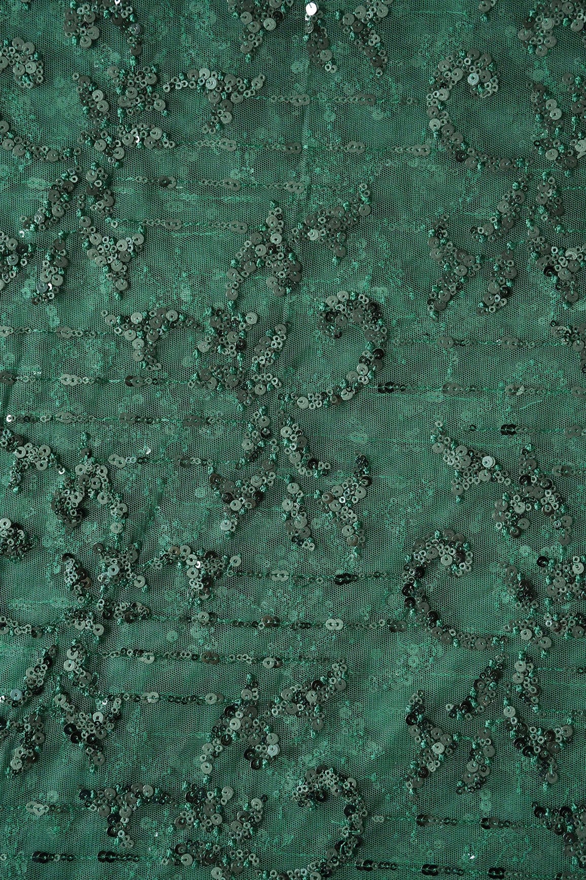 AIzaSyBcstauz-XMPRhEY21AUzeo032pxrXB5Ug - Green Thread With Sequins Abstract Embroidery Work On Bottle Green Soft Net Fabric