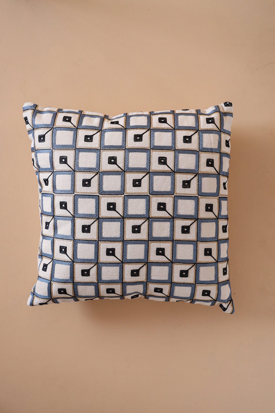 AIzaSyBcstauz-XMPRhEY21AUzeo032pxrXB5Ug - Grey and Black Pattern Embroidery on off white cotton Cushion Cover (16*16 inches)