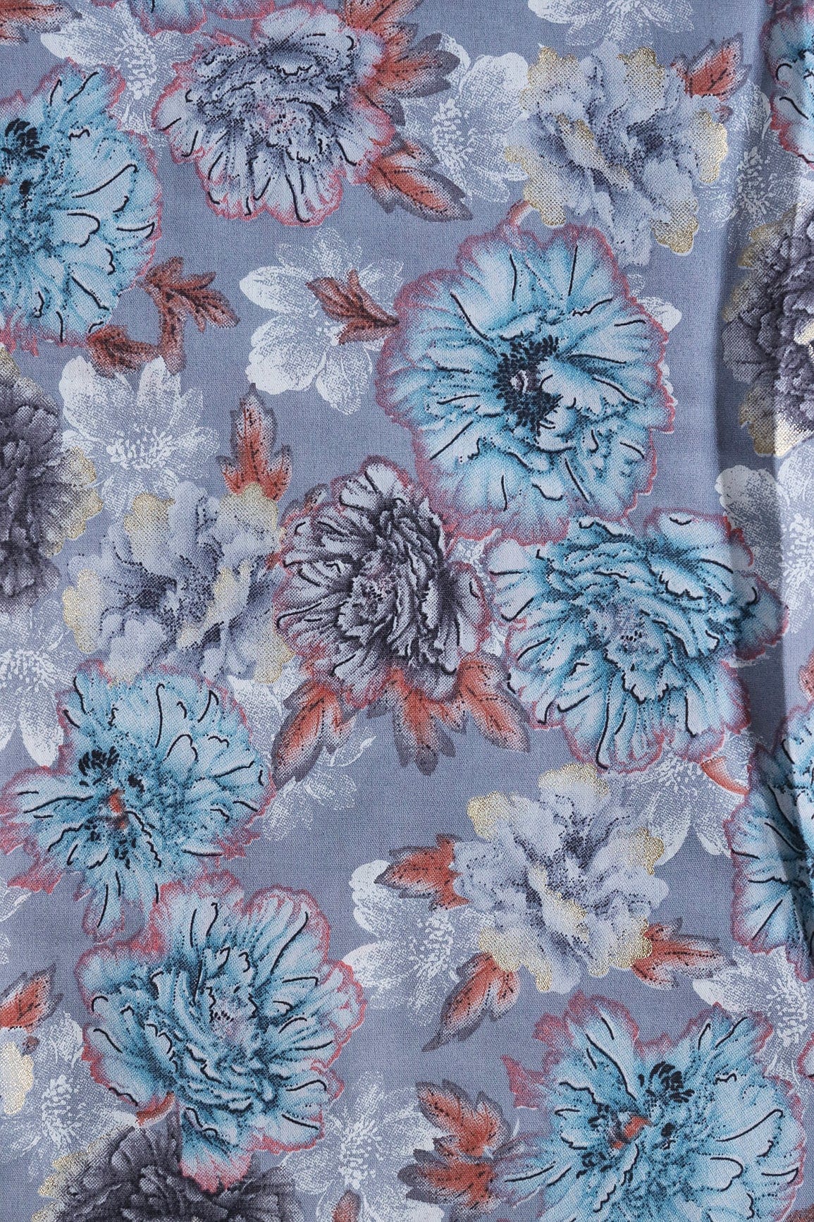 AIzaSyBcstauz-XMPRhEY21AUzeo032pxrXB5Ug - Grey And Blue Floral Print On Viscose Chanderi Silk Fabric